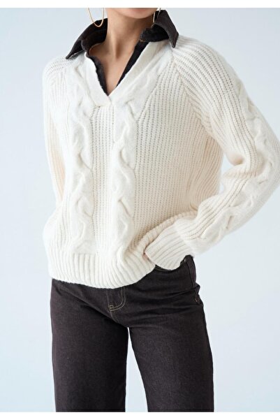 Serpirella Butik Knitted Sweater with Denim Detail on the Collar