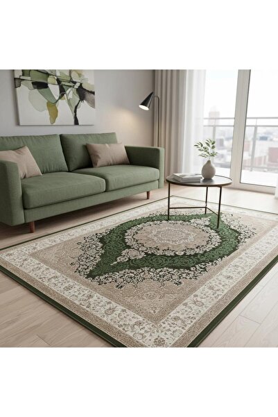 Carpettex Klasik Madalyonlu Yeşil Krem Halı – Zarif Desenli, Doğal ve Zamansı...