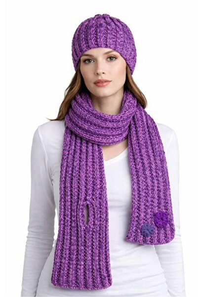 Uretti - Emine 9106 9236 Hand Knitted Beanie and Scarf Set - Purple