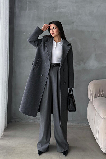 VİYAMOD Kadın Antrasit Kuşaklı Düğmeli Vatkalı Astarlı Premium Kaşe Kaban