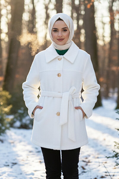 Lale Butik Jachetă cu buton și detaliu curea 36199 Ecru