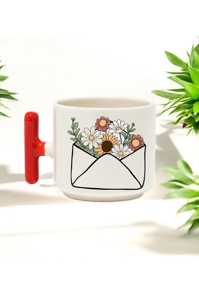 BB TRADE Letter Designed Red T-Handle Ceramic Printed Mug Cup 250 ml