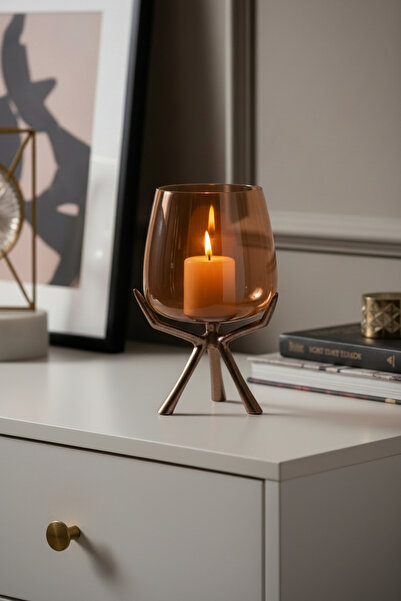 Cornella Ginger Saten Bronz Ayaklı Cam Şamdan Orta