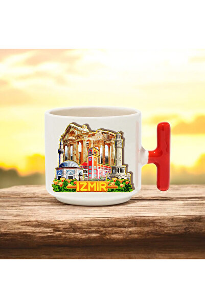 BB TRADE Izmir Designed Red T-Handled Ceramic B Printed Mug Cup 250 ml