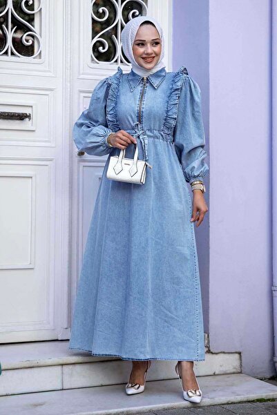 EBRUTESETTÜR Ruffled Front Gathered Waist Denim Dress Blue
