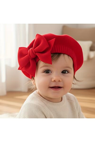 GlassySKY (0-3 Yaş) Sevimli Fiyonklu Ressam Şapkası Örgü Kışlık Kız Çocuk Ber...