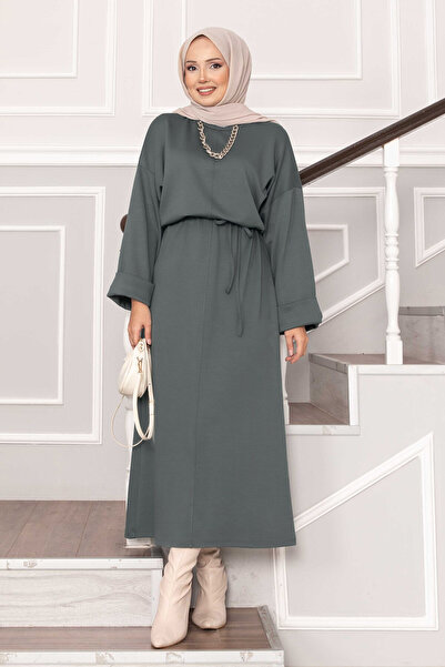 EBRUTESETTÜR فستان ناعم بتفاصيل أكمام قابلة للطي وحزام متنقل باللون الأخضر ال...