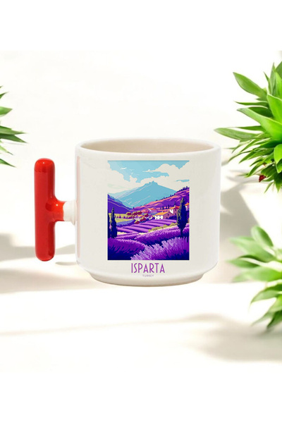 BB TRADE Isparta Designed Red T-Handled Ceramic Printed Mug Cup 250 ml