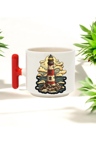 BB TRADE Lighthouse Design Red T-Handle Ceramic Printed Mug 250 ml