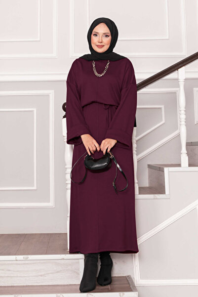 EBRUTESETTÜR Soft Dress with Folded Sleeves and Belt Detail in Burgundy