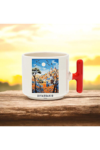 BB TRADE كوب سيراميك بتصميم دياربكر مع مقبض أحمر مطبوع سعة 250 مل