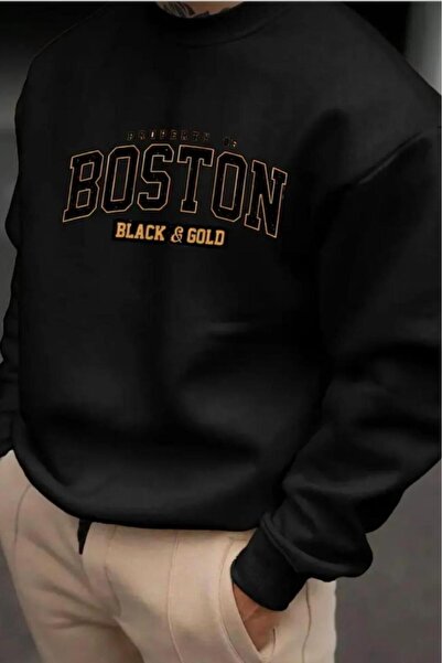 CAST COLLECTİON Hanorac oversize negru cu imprimeu Boston pentru bărbați