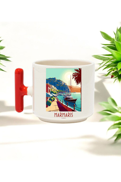 BB TRADE Marmaris Designed Red T-Handled Ceramic Printed Mug Cup 250 ml