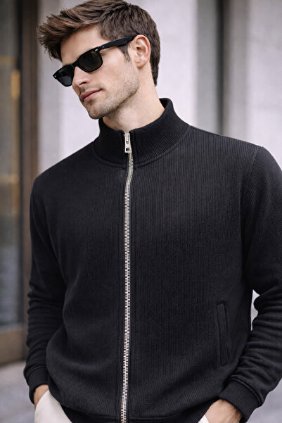 UOMOPARK Modern Line Premium Rib Mock Neck Zippered Knitwear Cardigan