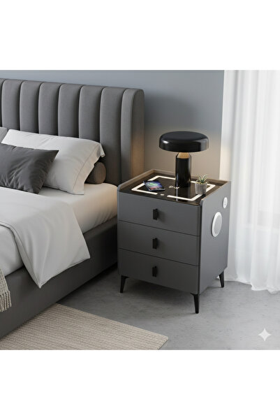 NZONE STORE A modern smart nightstand with three drawers, wireless charging, and built-in Bluetooth speaker – ideal for bedrooms, living rooms, and offices.