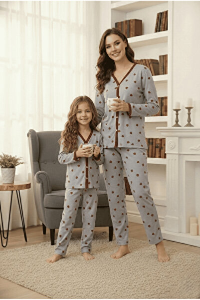ESPİNA Mother-Daughter (You Adjust the Combination Yourself) Heart Pattern Cotton Knitted Pajama Set