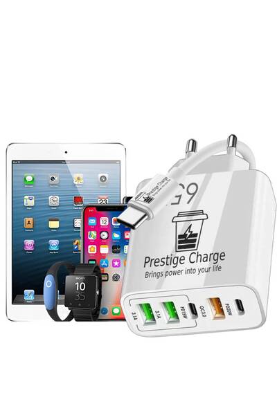 PRESTIGE CHARGE Incarcator Retea 5 Porturi, Total 65W Fast Charge, 2 x USB-C PD si 3 x USB, Cablu 60W Inclus, Alb