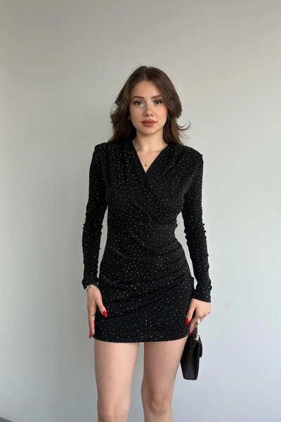 Sorridi Vatkalı Kruvaze Yaka Drapeli Mini Elbise