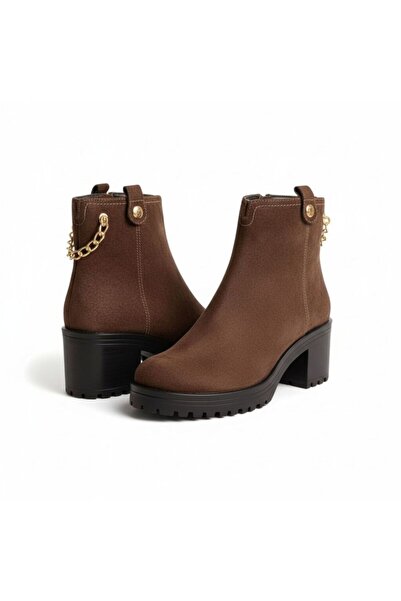 NE&VE SHOES Brown Velvet Leather Women's Thick Heeled Boots with Gold Chain Detail