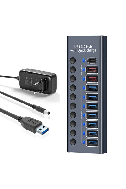 PRESTIGE CHARGE 10in1 USB Hub, ON/OFF Button, Aluminum, 7xUSB 3.0 5Gbps + PD 20W, 2xQC 3.0, 72W Power Adapter Included
