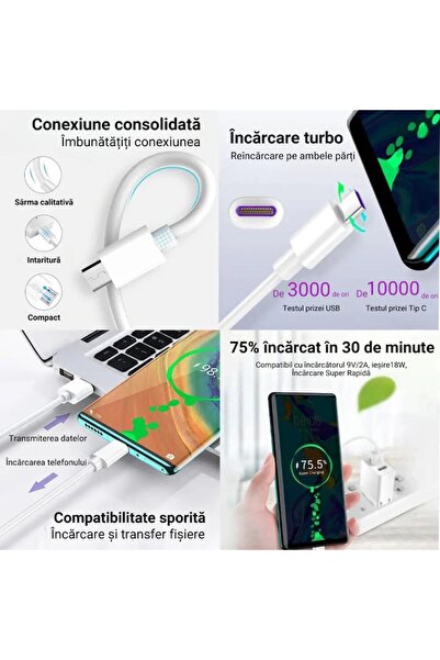 PRESTIGE CHARGE Cablu USB la USB-C pentru Date și Încărcare Rapidă 5A, SuperCharge 55W pentru Huawei/Honor, 1m, Alb