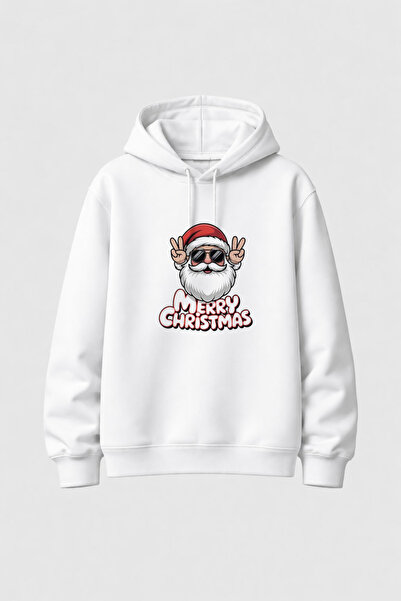 MODA 2026 New Year Santa Claus Christmas Printed White Hooded Sweatshirt