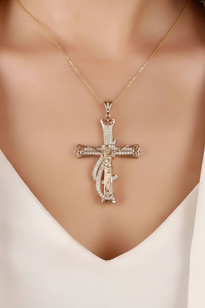 NİZANKA JEWELRY Zirkon Taşlı Haç Model 925 Ayar Ünisex Rose Gold Gümüş Kolye