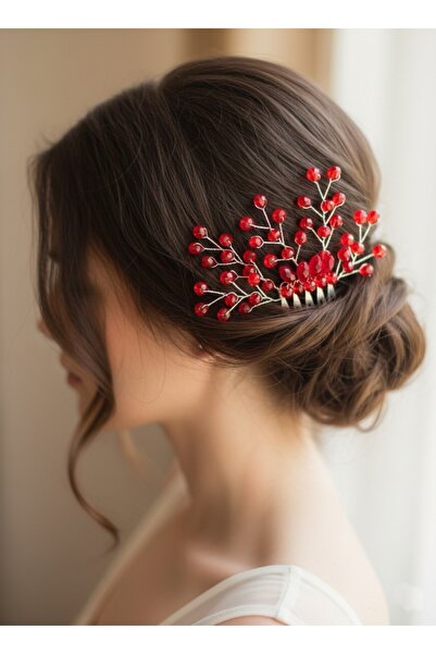BagsMadame مشبك شعر العروس بتصميم مرصع بالخرز الأحمر الشفاف