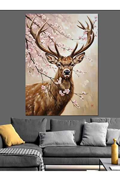 Tablo Mega Çiçekli Boynuzlu Geyik Resmi Dekoratif Kanvas - Mdf Ahşap Tablo