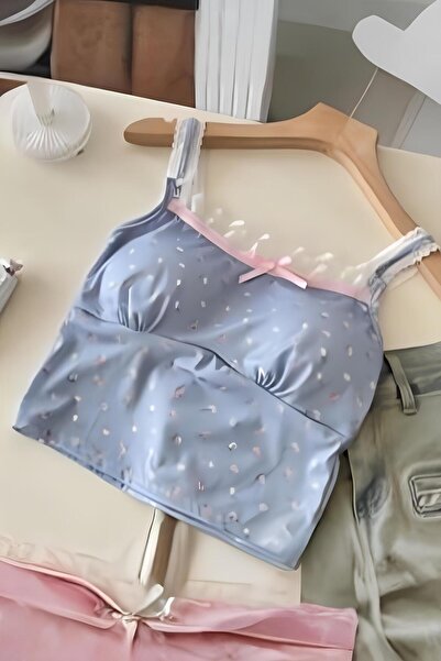 8line Blue Floral Patterned Gloplu Lace Detailed Strap Crop