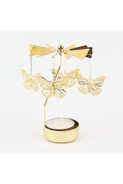 moontime alaçatı Altın Renk Kelebek Tasarımlı Isı ile Dönen Metal Mumluk, Dek...