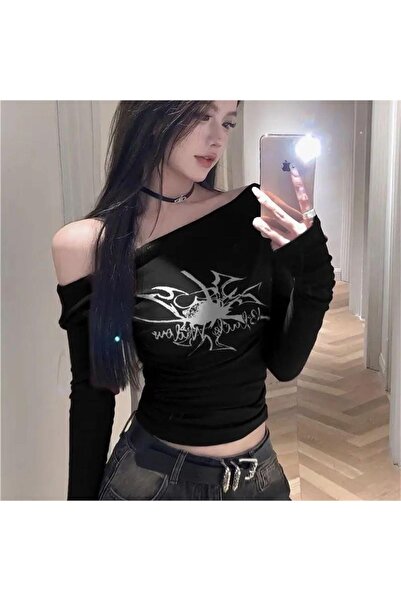8line Black Black Widow Off-the-Shoulder Spider Long Sleeve Crop