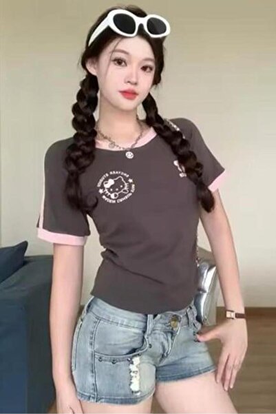 8line Black Hello Kitty Sports Pink Stripe Short Sleeve Crop