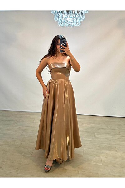 OLA Stella Hologram Satin Strapless Ankle Length Mink Color Evening Dress