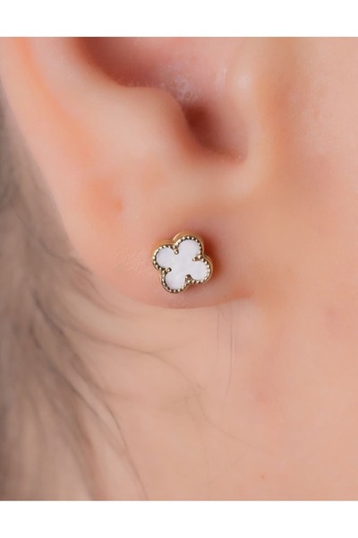 YCL JEWELLERY 14 Ayar (ÇİFT) Altın Beyaz Yonca Küpe 6mm