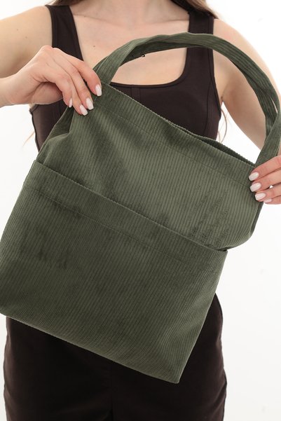 KOSTEBAG Velora Green Corded Fabric Velvet 32X38Cm Cloth Bag + Round Mini Bag