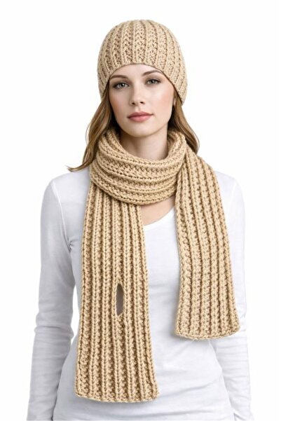 Uretti - Emine 9106 3286 Hand Knitted Beanie and Scarf Set - Brown