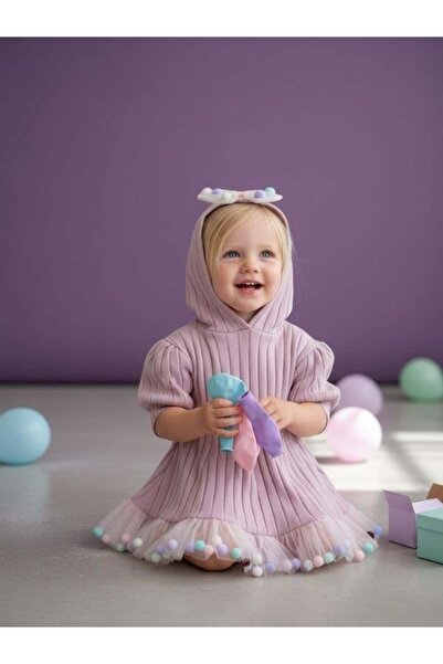 Zekids فستان قطني للفتيات الصغيرات مكون من بغطاء رأس قطع بتفاصيل كشكشة