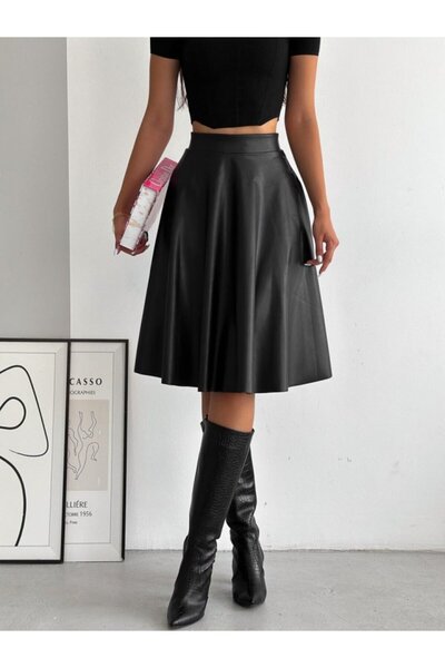 buğrahayalin Women's High Waist Leather Flared Skirt