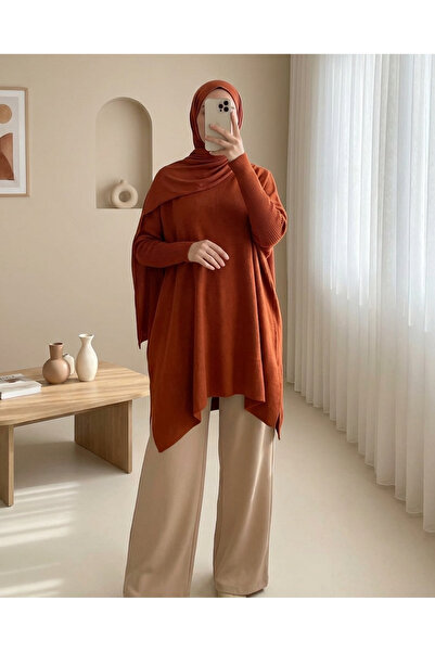 Modamorfo 15783 Slit Poncho Pulover - Tigla