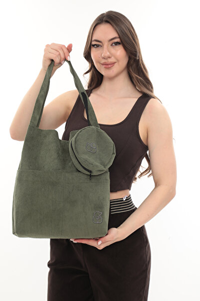 KOSTEBAG Velora Green Corded Fabric Velvet 32X38Cm Cloth Bag + Round Mini Bag