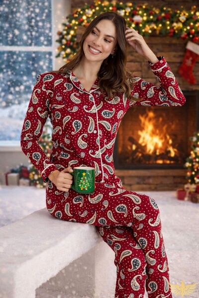 ANKANOVA Women's Winter Button-Front Cotton Red Patterned Christmas Concept Pajama Set Homewear