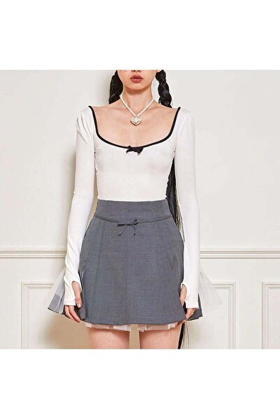 8line Alb Negru Guler Fundă Spate șiret Crop cu mânecă lungă