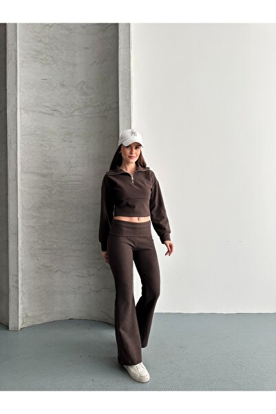 eyyebelle Women's Thessaloniki Fabric Mock Neck Piece Half Zipper Crop Set