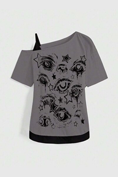 BALİNA Crop cu mânecă scurtă Y2K Smoked Gothic Eye Collage cu bretele suplime...