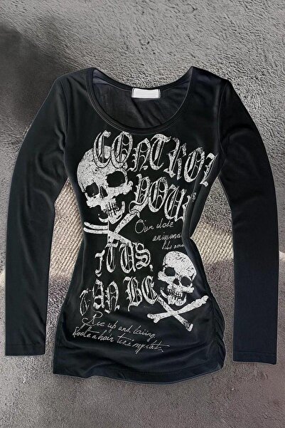 8line Black Gothic Skulls Control Wide Collar Y2K Long Sleeve Crop