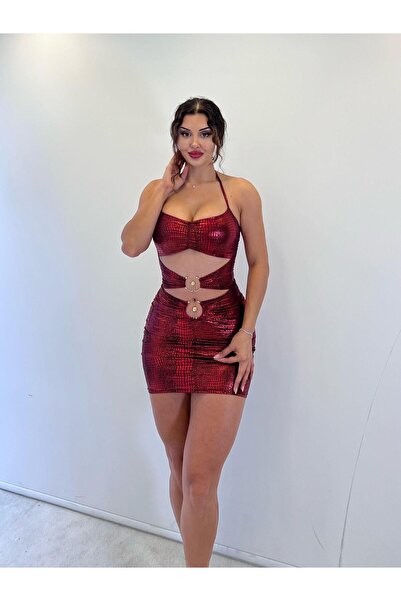 pink life Kırmızı Lame Askılı Toka Detaylı Mini Etekli Takım