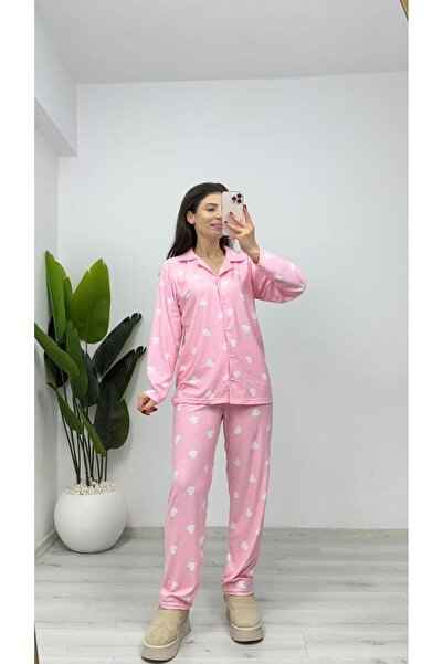 TUNAM BUTİK Pj14 Suede Buttoned Shirt Collar Pajama Set Heart Pink