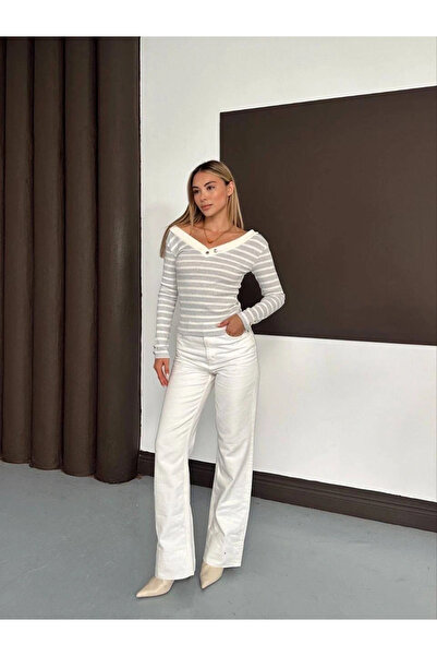 Zerenyus V-Neck Blouse with Sleeves and Collar Buttons, Gray-White