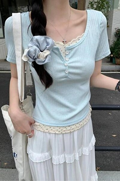 8line Blue Buttoned Spliced ​​Short Sleeve Crop